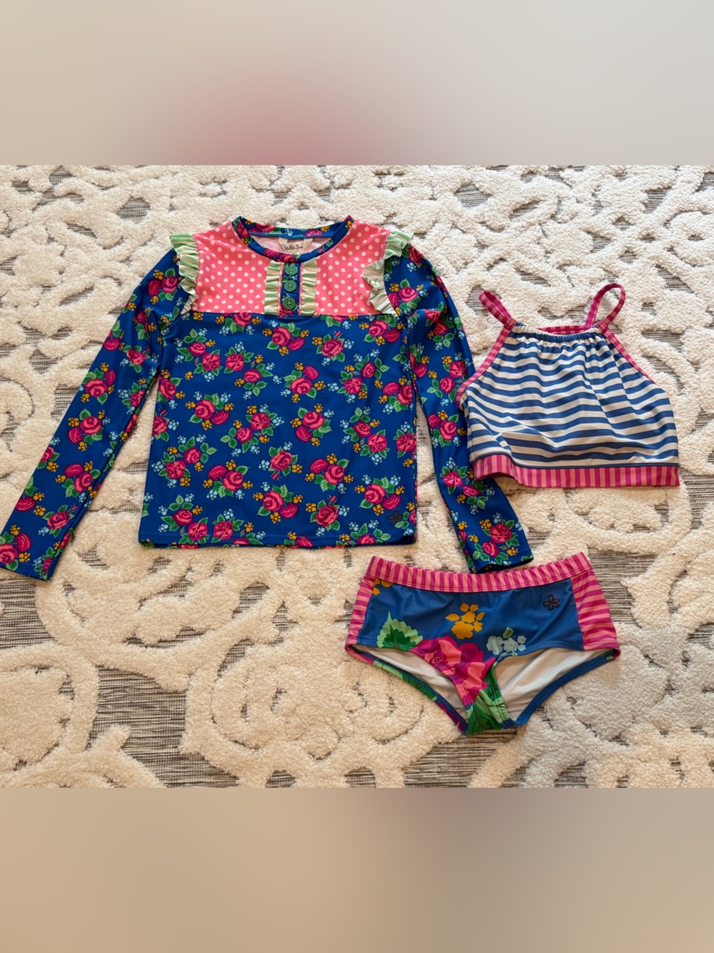 Matilda Jane girls  3-Pc Blue Floral Rash Guard Swim Set size 12 bathing suit